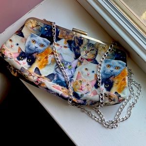 Cat Print Clutch Purse with Silver Chain Strap